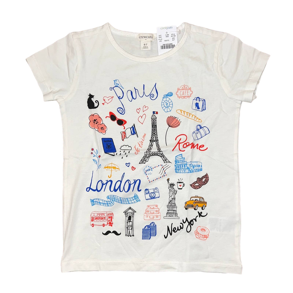 NWT J. Crew Girls' Ivory W/London, Paris, Rome "Jetsetter" Graphic Tee